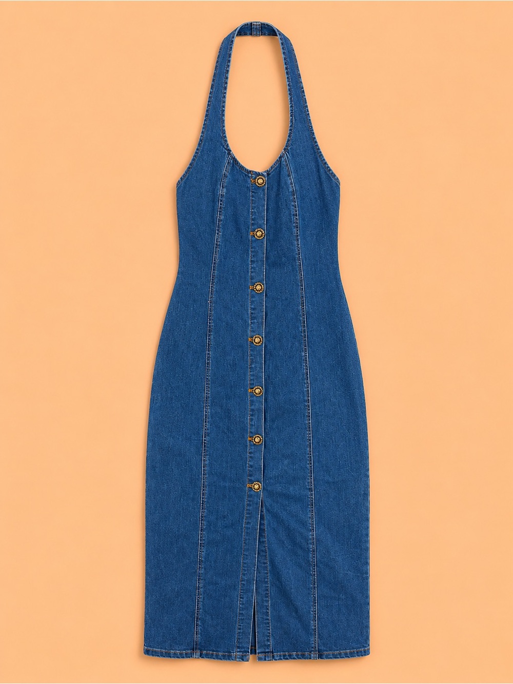COMMENSE DENIM HALTER DRESS